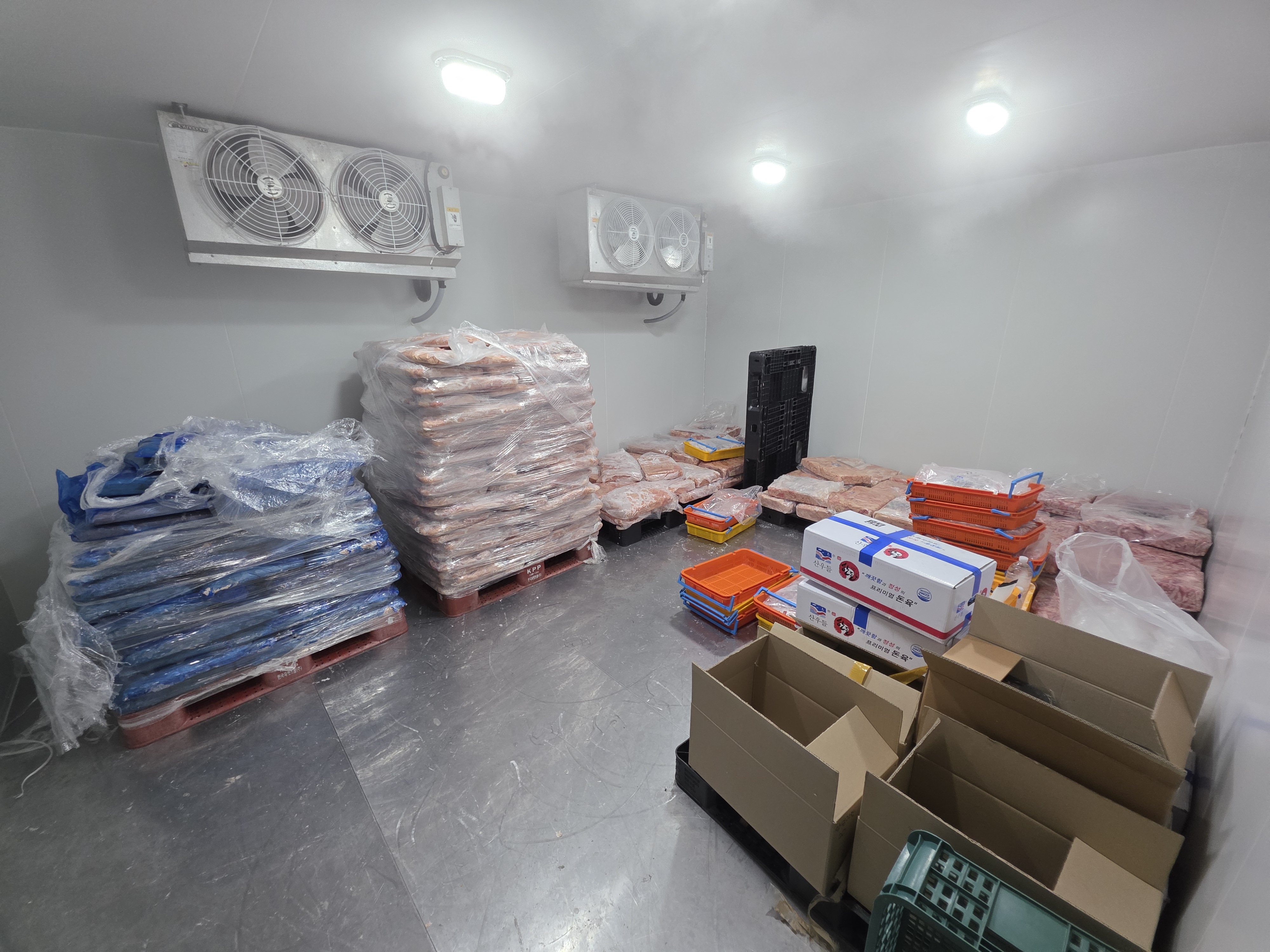 태승푸드 냉동 보관실 — 팔레트에 적재된 제품과 대형 냉각 시스템